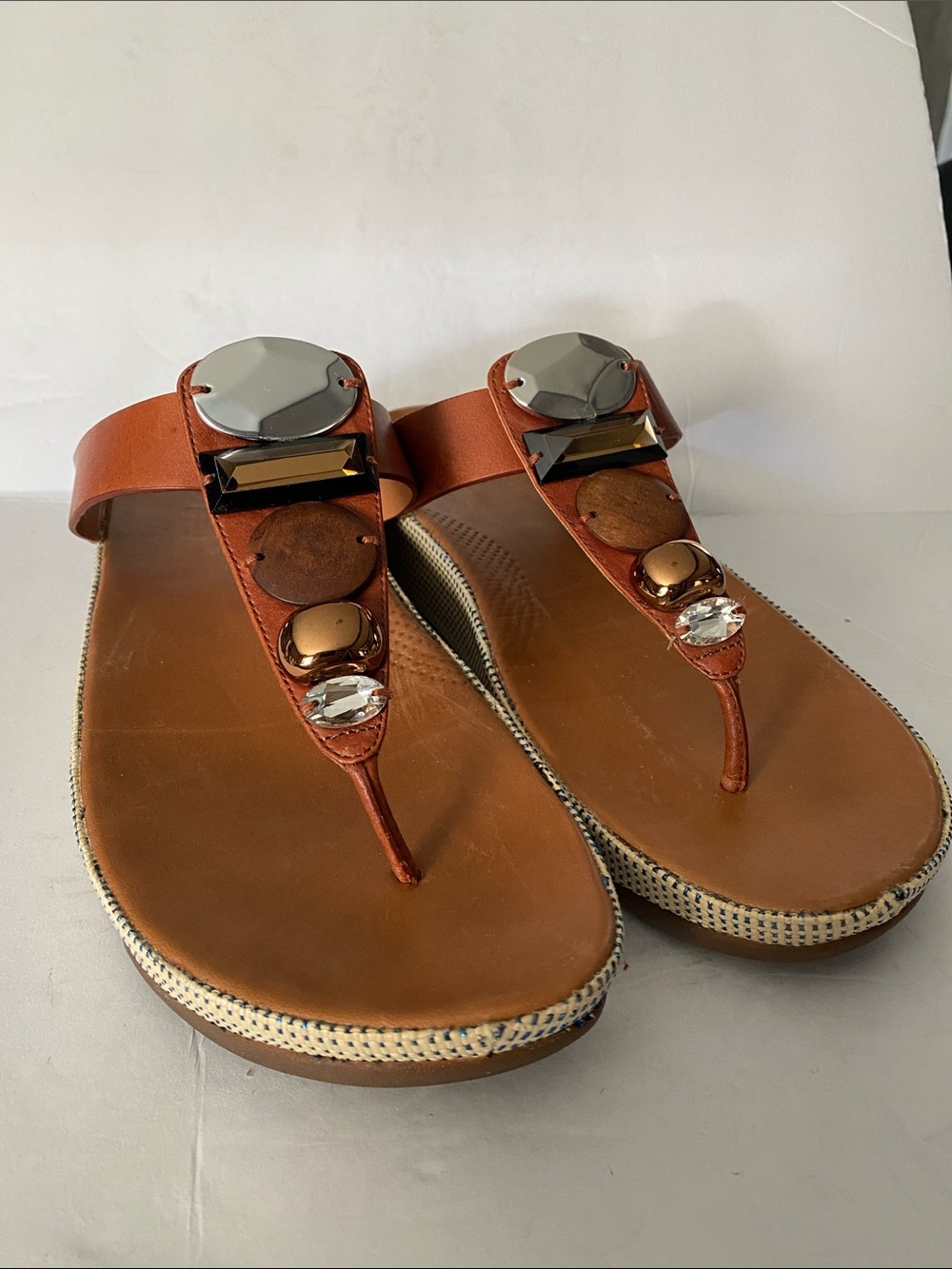FitFlop Women's Brown Leather Embellished Thong Sandals